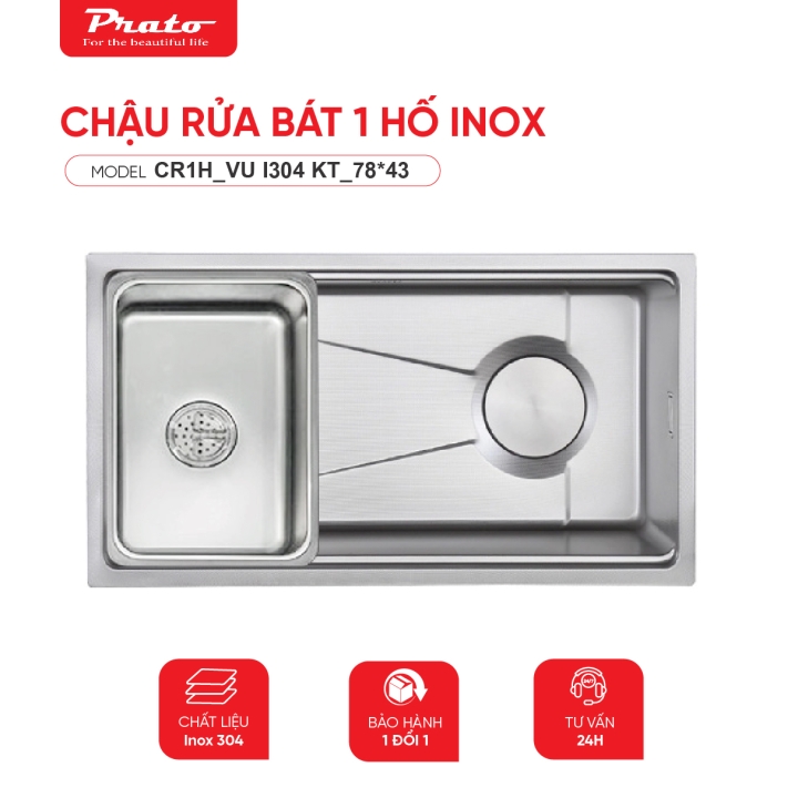 Chậu rửa bát 1 hố Prato INOX nano kích thước 78*43cm